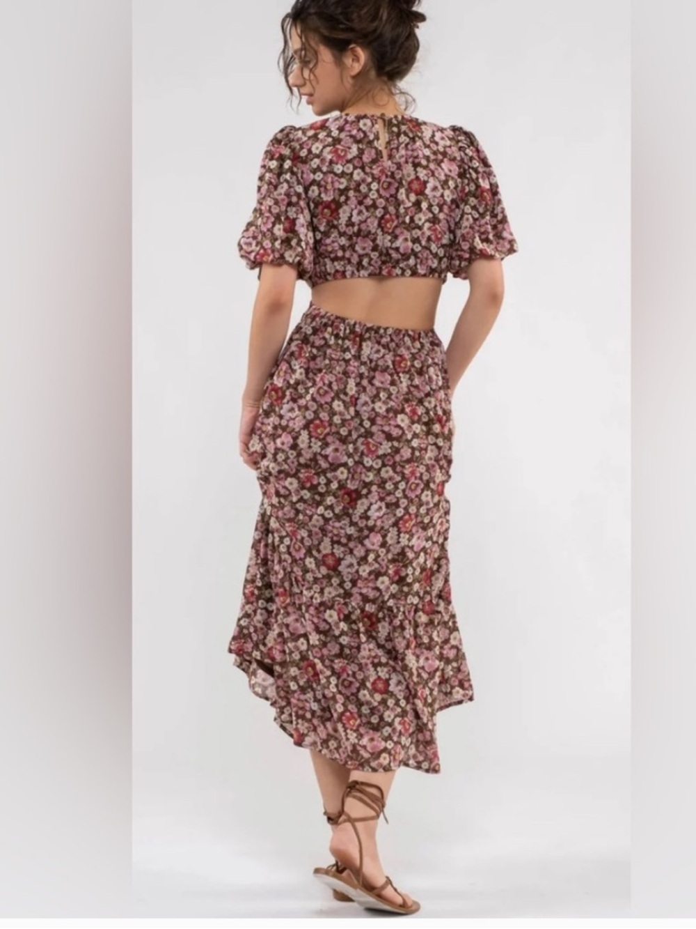 Blu Pepper brown pink floral open back maxi dress size medium